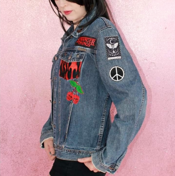 SOLD!!Chilling Adventures of a Hell Witch Calvin Klein y2k patch jean jacket - Picture 11 of 16